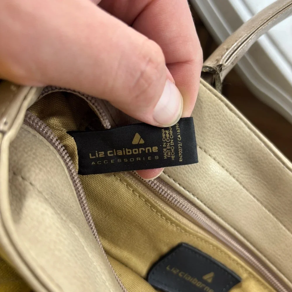 Liz Claiborne Tan Taupe Satchel Handbag Two Tone Gold Hardware Tote Bag